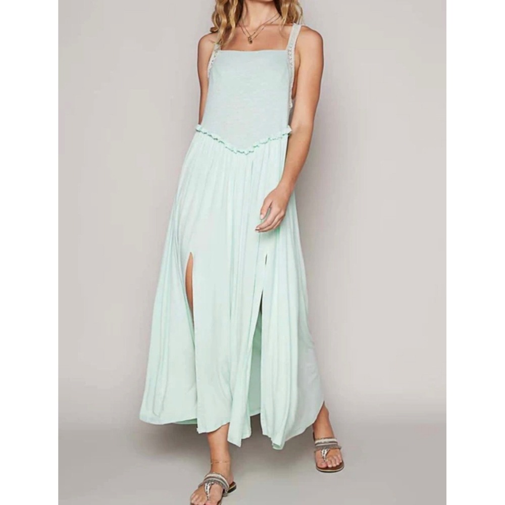 POL Maxi Dress Medium Mint Green Boho Lace Ruffle Slit Stretch Knit Racerback